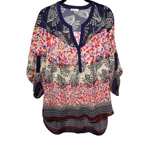 Anthropologie Meadow Rue Floral Sheer Boho Button Tab Sleeve Blouse Medium